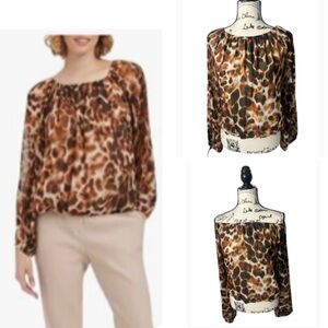 Calvin Klein Brown Cheetah Animal Print Blouse with Longsleeves